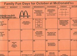 McDonald's October 1980 Calendar Placemat Family Fun Days  - $17.82