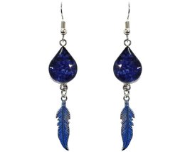 Mini Teardrop Shaped Crushed Chip Stone Inlay Colored Metal Feather Charm Dangle - £11.60 GBP