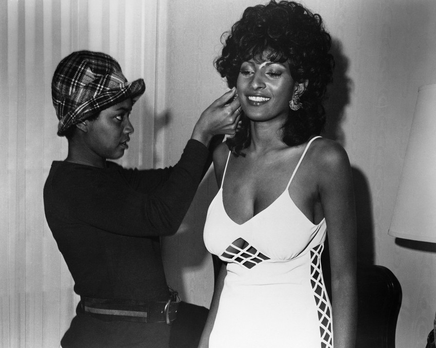 Primary image for Pam Grier in Foxy Brown on Set Pose in Curvaceous White Dress with Cleavage 16x2