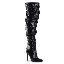 PLEASER COURTLY-3011 Womens Sexy 5&quot; Heel Ruched Black Sequin Over The Kn... - £81.31 GBP
