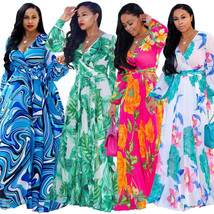 New Women V Neck Long Sleeves Floral Print Casual Summer Belt Chiffon Ma... - $25.99