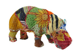 Zeckos Vintage Sari Fabric Decorated Paper Mache Hippo Sculpture 6 in. - £30.95 GBP