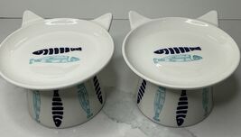 2 Signature Elevated Bowl Cat Food Blue &amp; Aqua Ceramic Fish Design New - $32.62