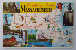 Greetings From Massachusetts Map Chrome Postcard Pirate Ship Boats Lighthouse - £4.92 GBP