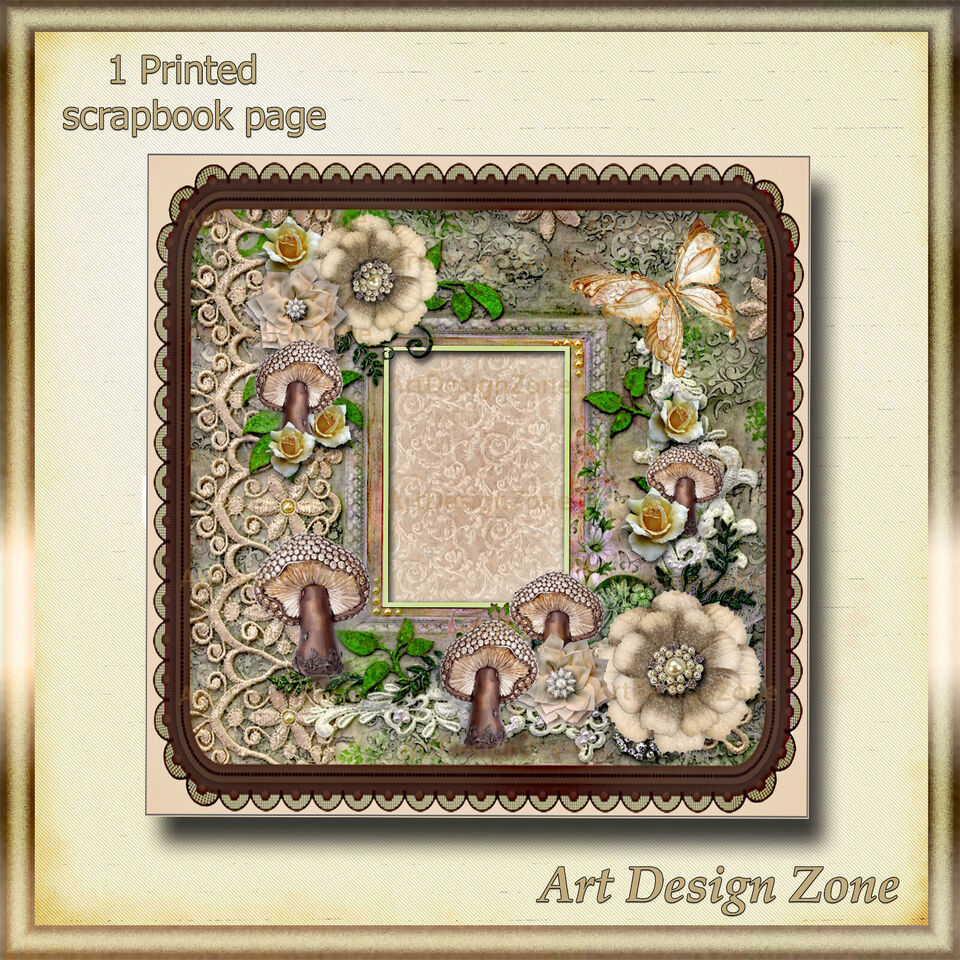 Jeweled Brown Mushrooms and Ornate Flowers Scrapbook Page - $12.00