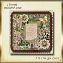Jeweled Brown Mushrooms and Ornate Flowers Scrapbook Page - $15.00