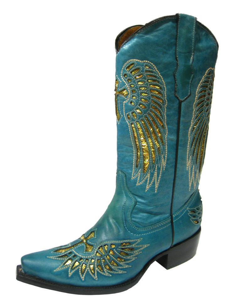 Womens Western Boots Turquoise Leather Gold Sequins Cross Wings Snip Siz... - $76.82