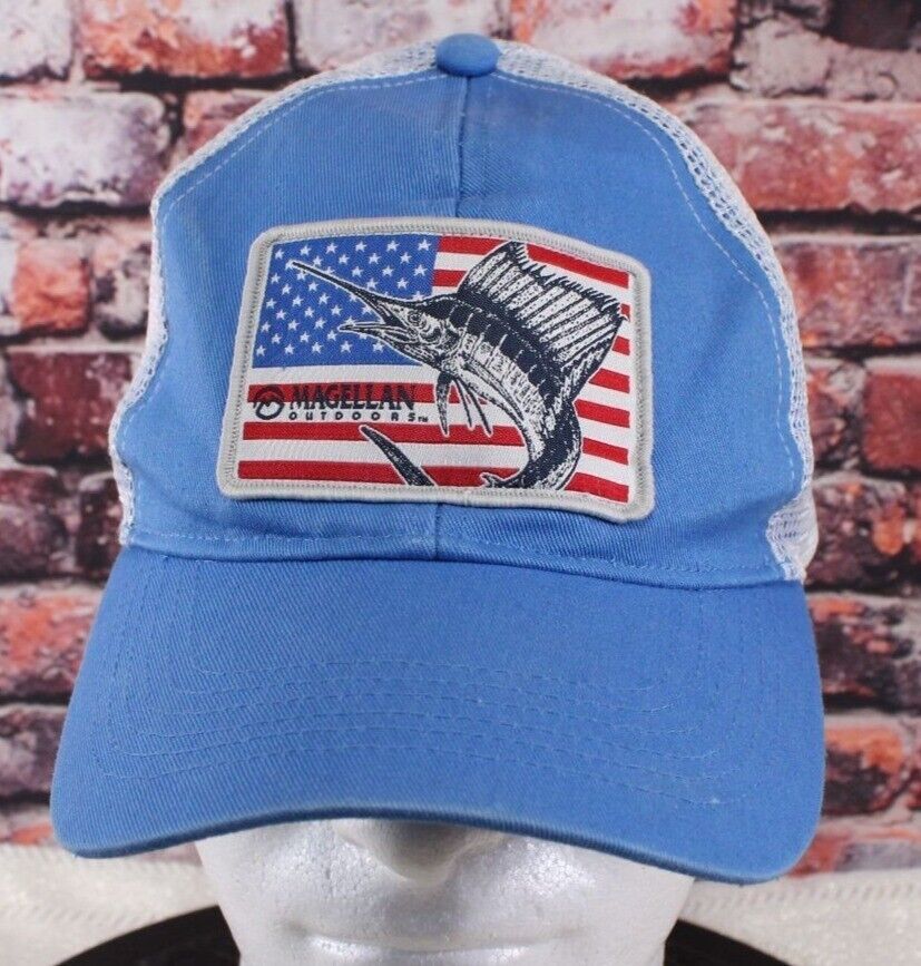 Magellan Outdoors Blue Trucker Hat With Mesh Back &amp; American Flag Fish D... - $7.85