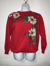 Vintage Hand Made Red Christmas Flowers Sweatshirt Size XL Hanes Her Way - $21.22