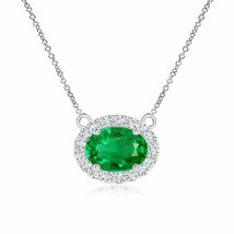 ANGARA East-West Oval Emerald Necklace with Diamond Halo in 14K Solid Gold - £1,402.52 GBP