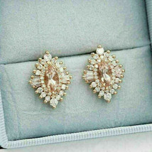 4.90Ct Marquise CZ Peach Morganite Halo Stud Earrings 14k Yellow Gold Plated - £89.90 GBP