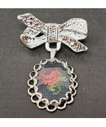 Cross Stitch Rose Brooch Pin Pinback Bow Dangling Pendant Needlepoint - £8.38 GBP