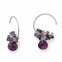 Purple Teardrop Shaped Amethyst &amp; Multi Stones Beaded Wire Earring 14K White GP - £152.12 GBP
