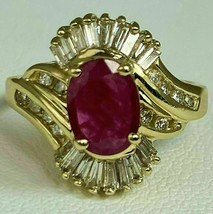 Vintage 2 Ct Ruby Baguette Diamond Halo Swirl Cluster Ring 14K Yellow Gold Over - £110.72 GBP