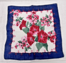 Vintage Hankie Pink Hollyhocks Daisies w Dark Blue Edge 12.5 Inch - $9.89