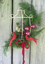 vtg HANDMADE Christmas Decoration cardinals pine holly leaves berries bird cage  - £19.34 GBP