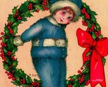 Christmas Greetings Wreath Adorable Child Blue Snowsuit 1924 Vtg Postcard - $7.08