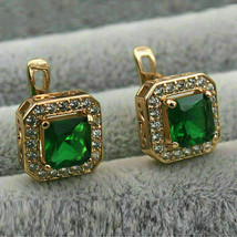 3.20 Ct Princess Cut Green Emerald Halo Dangle Earrings 14k Yellow Gold Over - £78.32 GBP