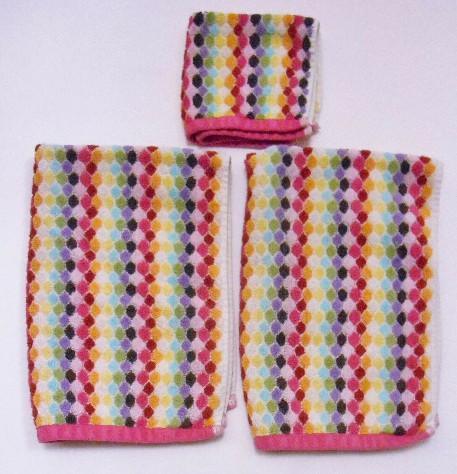 PERI HAND TOWEL + FACECLOTH lot 100% Cotton Colourful Dots Pink Trim Artsy - $39.95