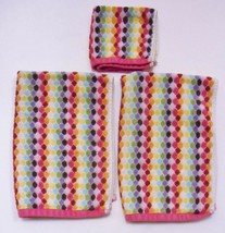 Peri Hand Towel + Facecloth Lot 100% Cotton Colourful Dots Pink Trim Artsy - £31.93 GBP