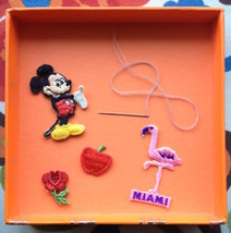 Lot Of 4 Cloth Appliques: Red Rose, Mickey Mouse, Apple, Miami Flamingo - £8.97 GBP