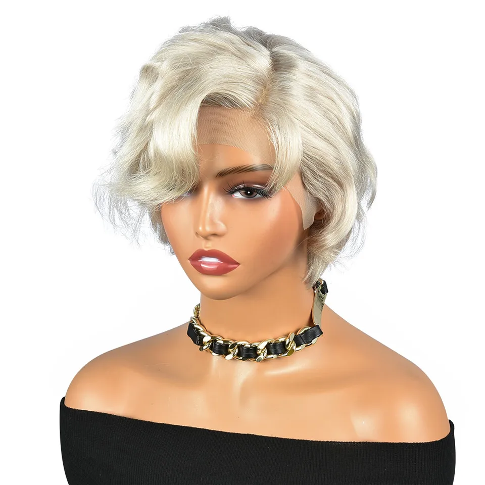 Gray Blonde Human Hair Wigs Light Grey Pixie Cut Wigs 13x1 Lace Front Wigs A - £43.28 GBP
