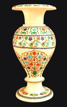 15&quot; White Marble Flower Vase Handicraft Multi Inlay Floral Design  Decor - £871.72 GBP