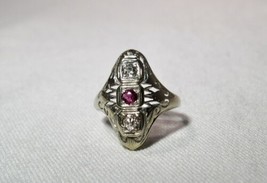 Vintage Art Deco 14K White Gold Filigree Diamond Ruby Ring Size 5 K1159  - £308.00 GBP