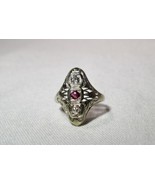 Vintage Art Deco 14K White Gold Filigree Diamond Ruby Ring Size 5 K1159  - £320.97 GBP