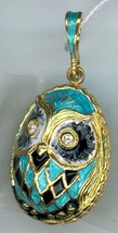 Fake Russian Silver Egg Pendant, an OWL, Lt. Blue, Black and Gold, Crystal Eyes - £52.03 GBP