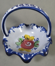 Mini Pottery Basket Vestal #456 Alcobaca Portugal Blue with Flower 4&quot; x 3.75&quot;. - £7.64 GBP