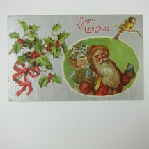 Antique Christmas Postcard Old World Santa Toys Holly &amp; Bird Silver Embossed - £11.84 GBP