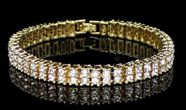 Mens Womens 2 Row Cz Tennis Bracelet 14k Gold Plated Fashion Jewelry 8 inch - £9.55 GBP