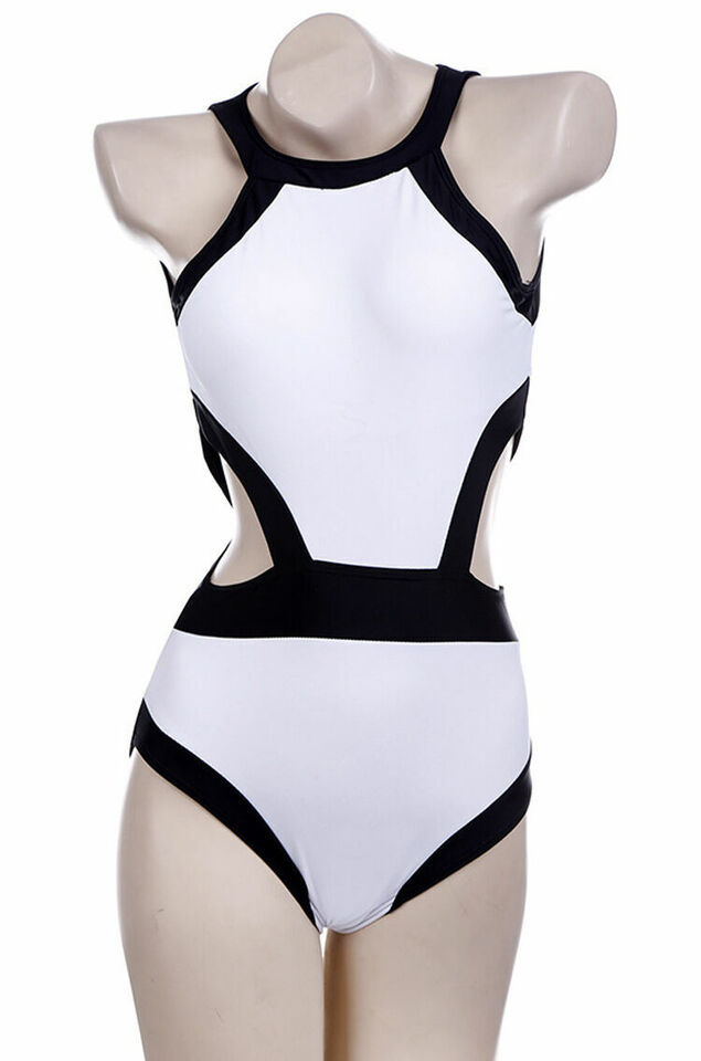 Ladies One Piece Swimwear Push Up Black and White Swimsuit High Neck Low Back AU Item image 12