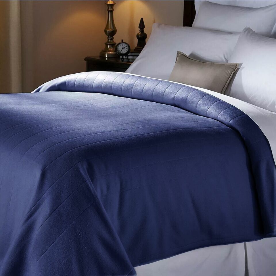 Sunbeam Heated Electric Blanket Royal Dreams Quilted Fleece Full Newport Blue - $66.45