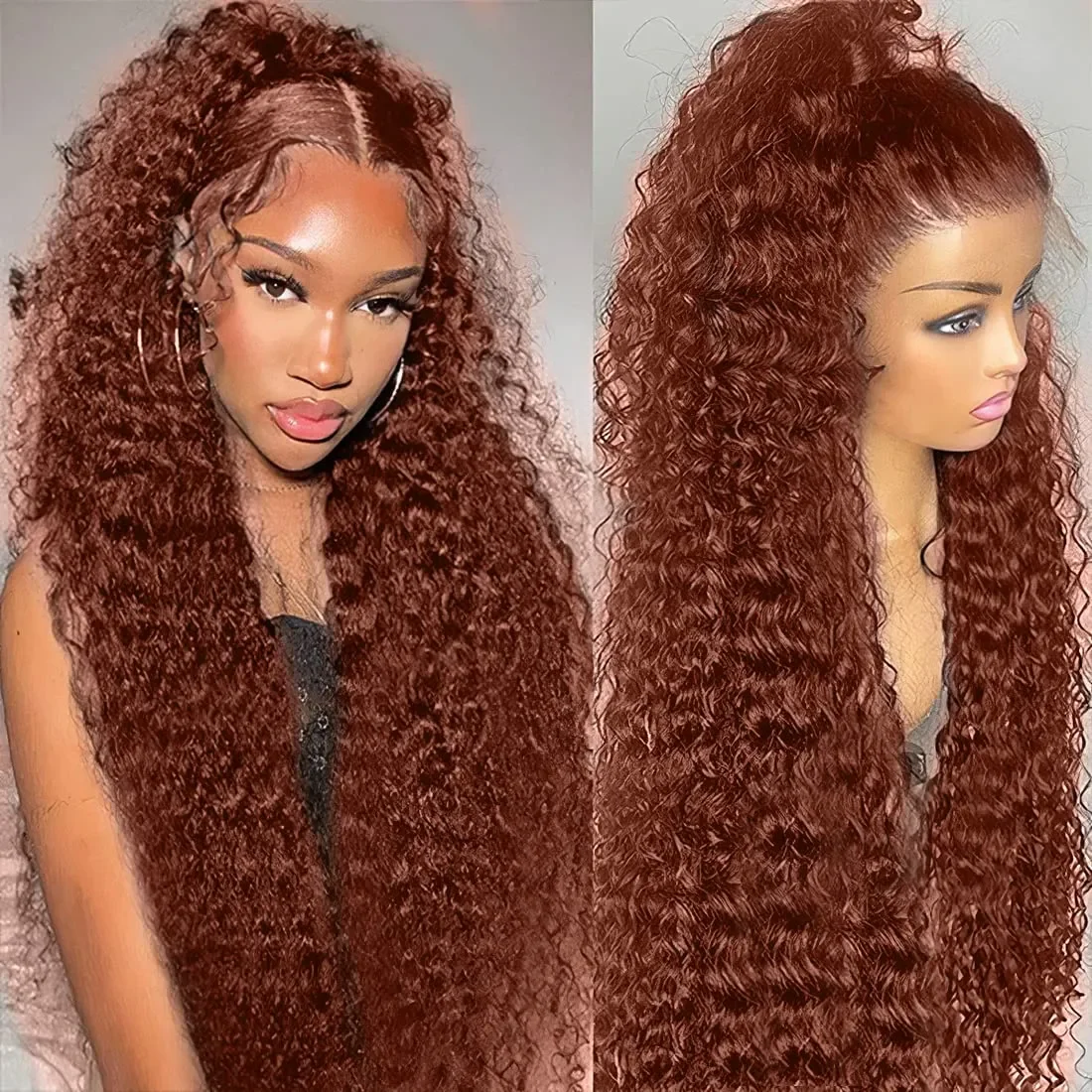 Reddish Brown Deep Wave 13x6 HD Lace Frontal Wig Remy Pre Plucked Colored Wat - £67.35 GBP+