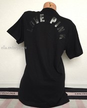 Victoria&#39;s Secret Pink T-Shirt Black Pewter Sequin Logo Lace Up Campus Tee - S - £36.07 GBP