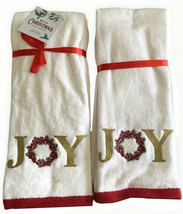 Christmas Joy Wreath Hand Towels Holiday Set of 2 Embroidered White Gold Winter - $41.04