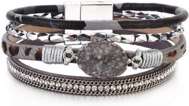 Boho Leather Wrap Bracelets with Crystal - Stackable Jewelry - $22.45