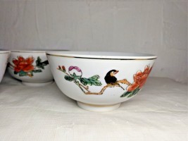 Chinese Porcelain Rice Bowls Bird &amp; Peonies Hand Painted Gold Rim Footed... - £15.29 GBP