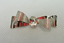 Vintage Costume Jewelry, Silver Tone Bow Brooch, Single Rhienstone, PIN194 - £7.28 GBP