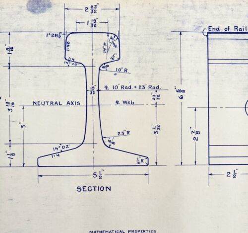 1943 Railroad Bangor Aroostook 112 LB Rail Section Blueprint H10 DWDD14 - $84.36