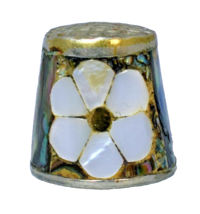 Mother of Pearl Abalone Shell White Flower Souvenir Thimble Metal - £12.10 GBP