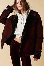 New Free People Cassidy Cozy Jacket SUEDE SHERPA $698 XS Burgundy &amp; Black  - £210.41 GBP
