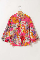 Red Abstract Floral Print Buttoned Ruffled Bubble Sleeve Shirt - £24.43 GBP