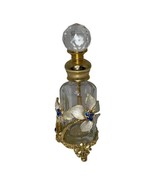 Vintage Empty Glass Perfume Bottle Floral Flower Rhinestones Design Meta... - $33.66