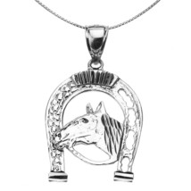 Sterling Silver Horseshoe with Horse Head Pendant Necklace 16&quot;, 18&quot;, 20&quot;, 22&quot; - £38.42 GBP+