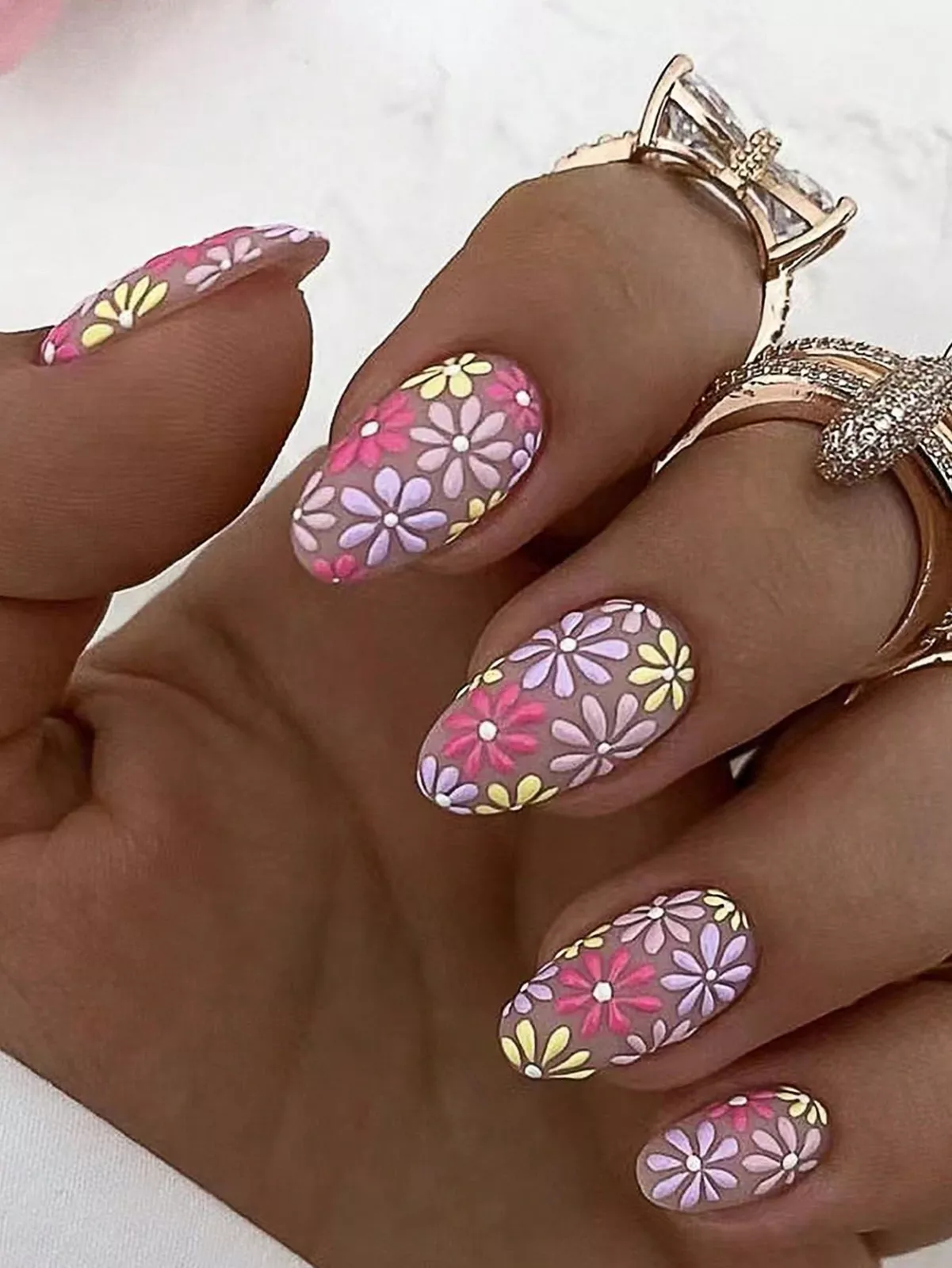 24 pcs Short Oval Flower All Over Print Fake Nail False Nails Press On - £15.08 GBP