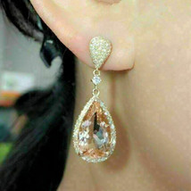 5Ct Pear Cut Morganite Diamond Drop &amp; Dangle Earrings Solid 14K Rose Gold Finish - £87.16 GBP