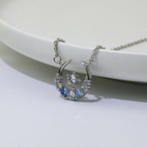 Moon with Blue Crystal Solitaire Dainty Pendant Necklace Sterling Silver - £9.66 GBP